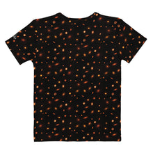Load image into Gallery viewer, Digital mock-up back of flat t-shirt, round neck and short sleeves, black with small red and orange images of planet-forming disks at various angles. 