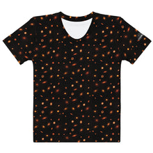 Load image into Gallery viewer, Digital mock-up front of flat t-shirt, round neck and short sleeves, black with small red and orange images of planet-forming disks at various angles. 