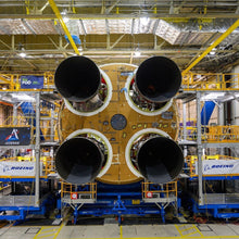 Load image into Gallery viewer, NASA photo of the four SLS rocket engine exhaust cone seen from the bottom of the rocket